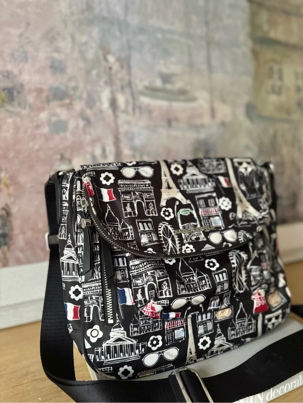 RARE Karl Lagerfeld Black Paris Print Crossbody Bag